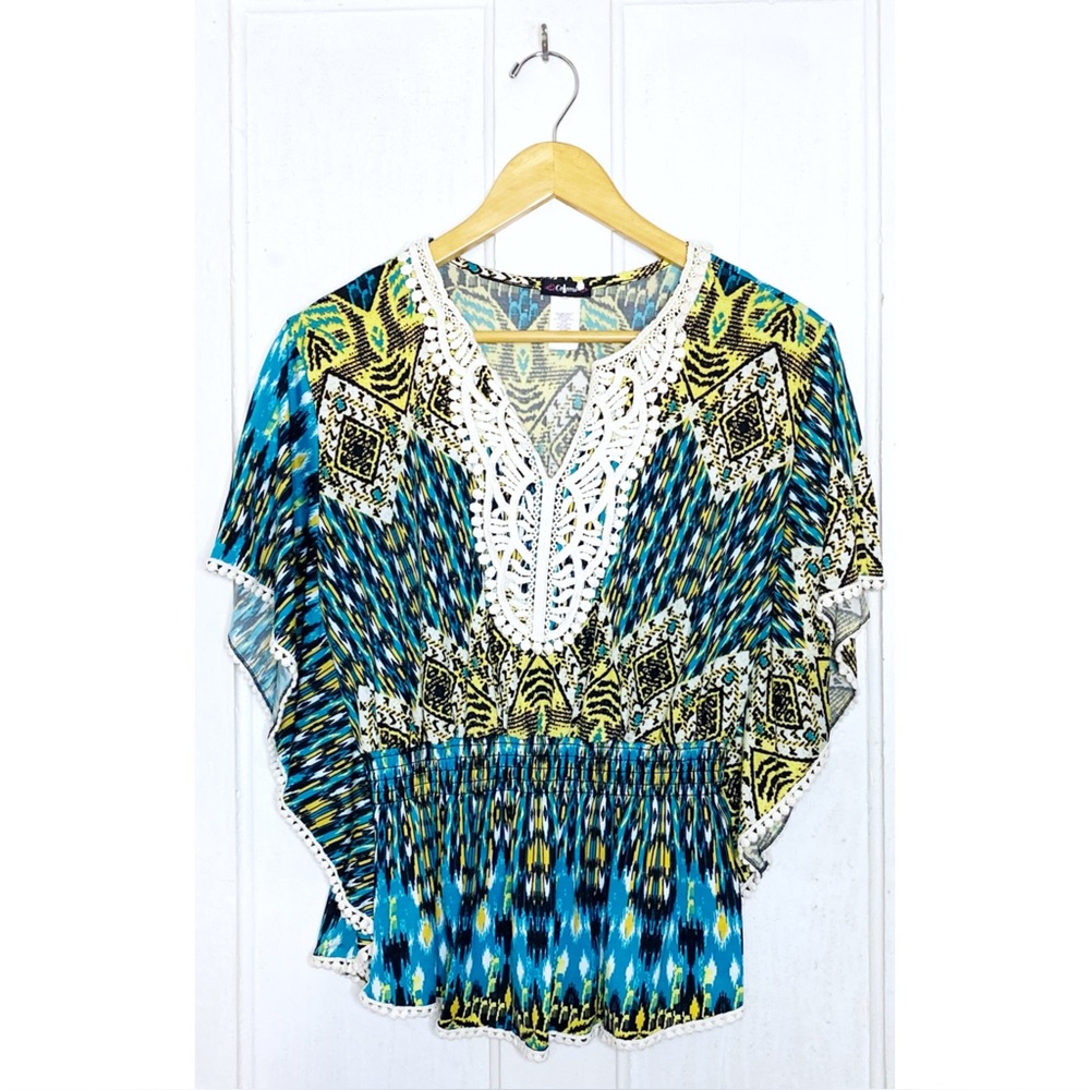 Vintage : Cocomo : size : S : Y2K boho tropical crochet summer print blouse top